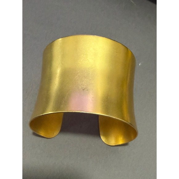 Wide Flared Cuff Bracelet Women Brushed Gold Tone Modernist Statement Signed - Picture 5 of 11